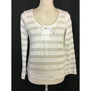 Splendid Womens Solid White Long Sleeve Striped Mesh Sweater Top Small